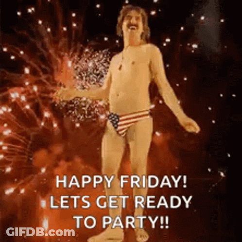 A Shirtless Man In An American Flag Swim Suit Is Dancing In Front Of Fireworks . GIF