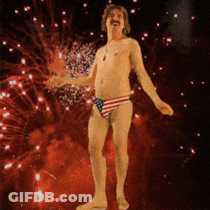 A Shirtless Man In An American Flag Swim Trunks Is Standing In Front Of Fireworks GIF