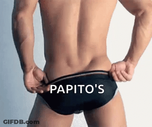 A Shirtless Man In Black Underwear With The Words Papito 'S On The Bottom Of His Underwear GIF