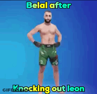 A Shirtless Man In Green Shorts Is Standing In Front Of A Blue Background With The Words Belal After Knocking Out Leon GIF