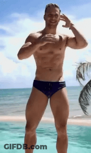 A Shirtless Man In Purple Swim Trunks Is Standing On A Beach . GIF
