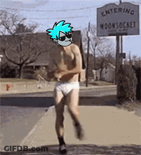 A Shirtless Man In White Underwear Is Running In Front Of A Sign That Says Entering Moonsocks GIF