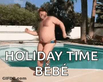 A Shirtless Man Is Dancing In A Pool With The Words `` Holiday Time Bebe '' Written On It . GIF