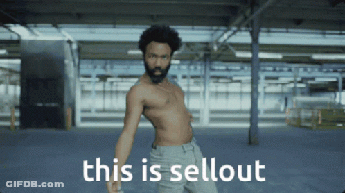 A Shirtless Man Is Dancing In An Empty Room With The Words " This Is Sellout " Behind Him GIF