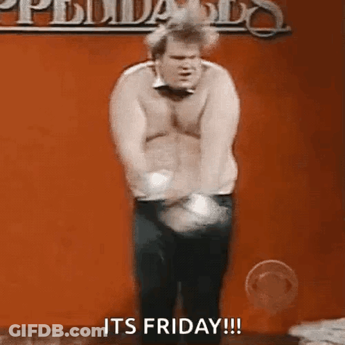 A Shirtless Man Is Dancing In Front Of A Red Wall And Says `` Its Friday '' . GIF