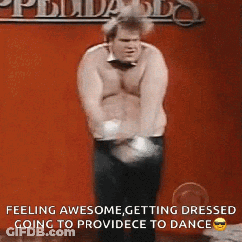 A Shirtless Man Is Dancing In Front Of A Red Wall With The Words Feeling Awesome Getting Dressed Going To Providece To D GIF