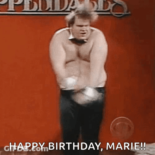 A Shirtless Man Is Dancing In Front Of A Sign That Says Happy Birthday Marie ! GIF