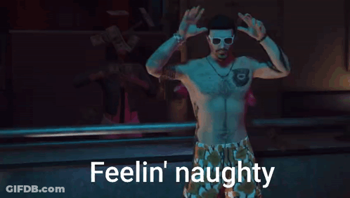 A Shirtless Man Is Dancing With The Words Feelin ' Naughty Above Him . GIF
