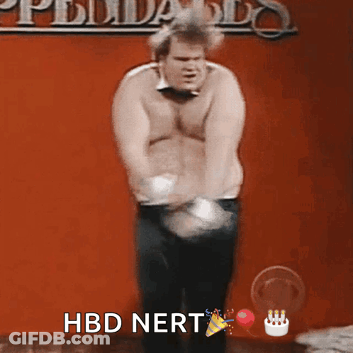 A Shirtless Man Is Dancing With The Words Hbd Nert Written Below Him GIF