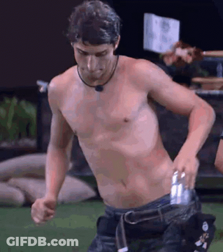 Shirtless Man Holding Can In Pocket GIF