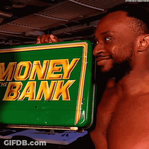 A Shirtless Man Is Holding A Green Money Bank Sign GIF
