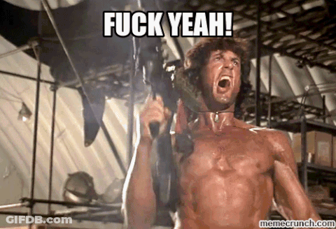 A Shirtless Man Is Holding A Gun With The Words Fuck Yeah Written Above Him GIF