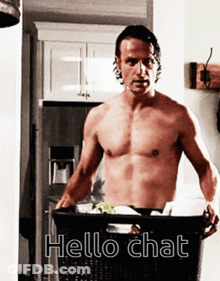 A Shirtless Man Is Holding A Laundry Basket With The Words Hello Chat Written On It GIF