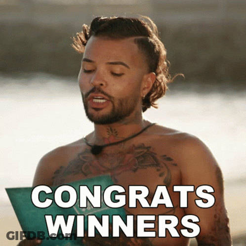 A Shirtless Man Is Holding A Sign That Says " Congrats Winners " GIF