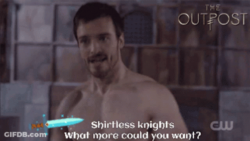 A Shirtless Man Is Holding A Sword In Front Of A Sign That Says " The Outpost " GIF