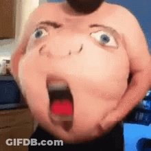 A Shirtless Man Is Holding His Belly With A Stuffed Face On It . GIF