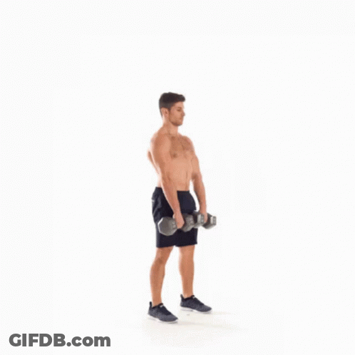 A Shirtless Man Is Holding Two Dumbbells In His Hands While Standing On A White Background . GIF