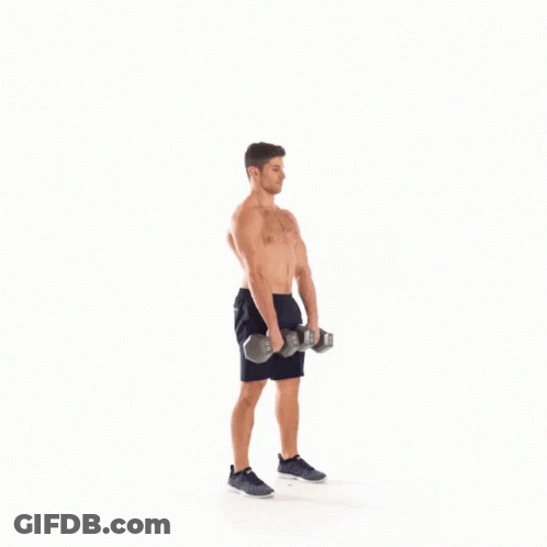 A Shirtless Man Is Holding Two Dumbbells In His Hands While Standing On A White Background . GIF