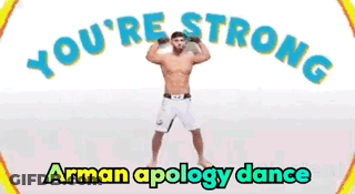 A Shirtless Man Is In A Circle With The Words Arman Apology Dance On The Bottom GIF