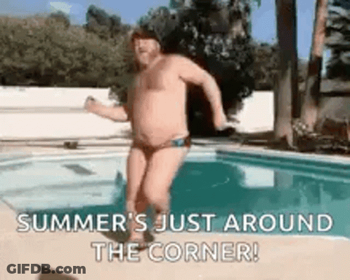 A Shirtless Man Is Jumping Into A Swimming Pool With The Words `` Summer 'S Just Around The Corner '' . GIF