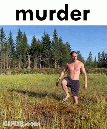 A Shirtless Man Is Kneeling In A Grassy Field With The Word Murder Above Him GIF