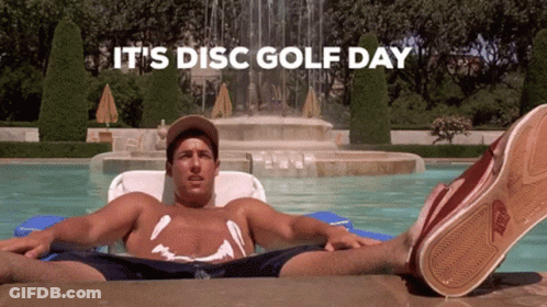 A Shirtless Man Is Laying On A Raft In A Pool With The Words It 'S Disc Golf Day Behind Him GIF