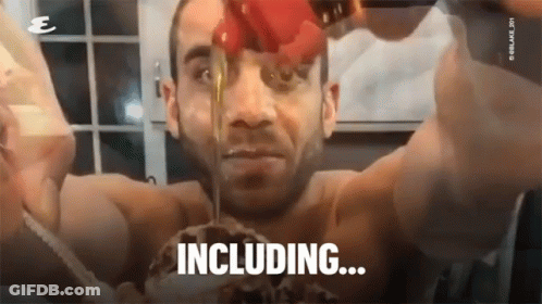 A Shirtless Man Is Pouring Ketchup On His Face With The Words Including Written On The Bottom GIF