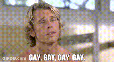 A Shirtless Man Is Saying Gay , Gay , Gay , Gay In A Bathroom . GIF