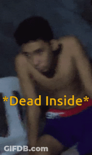 A Shirtless Man Is Sitting In A Chair With The Words Dead Inside Written Above Him GIF