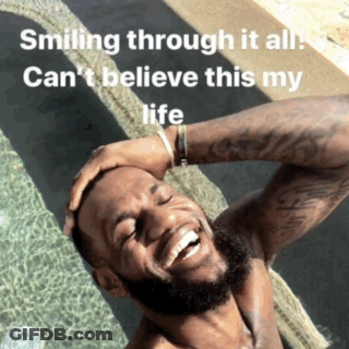 A Shirtless Man Is Smiling In A Pool With The Caption Smiling Through It All Can T Believe This My Life GIF