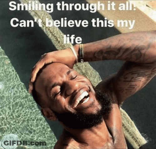 A Shirtless Man Is Smiling In Front Of A Pool With The Caption Smiling Through It All GIF