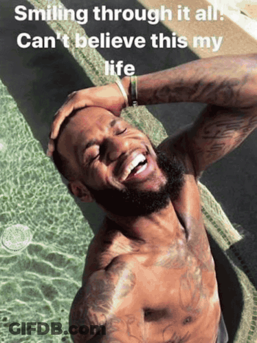 A Shirtless Man Is Smiling In Front Of A Pool With The Caption Smiling Through It All GIF