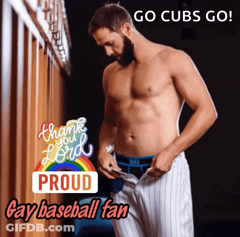 A Shirtless Man Is Standing In A Locker Room With The Words Go Cubs Go Proud Gay Baseball Fan GIF