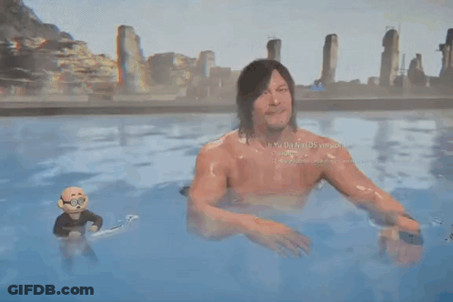 A Shirtless Man Is Standing In A Pool With A Stuffed Animal . GIF