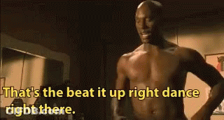 A Shirtless Man Is Standing In A Room With The Words `` That 'S The Beat It Up Right Dance Right There '' . GIF