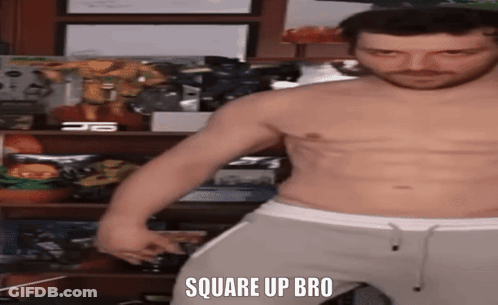 A Shirtless Man Is Standing In Front Of A Shelf With The Words Square Up Bro Written On It GIF