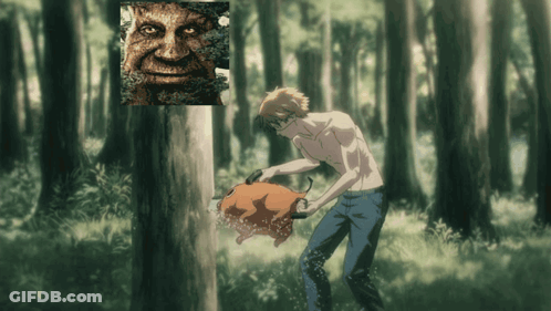 A Shirtless Man Is Standing In The Woods Holding A Pumpkin GIF