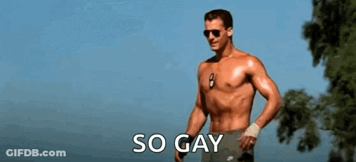 A Shirtless Man Is Standing Next To A Volleyball And Says `` So Gay '' . GIF