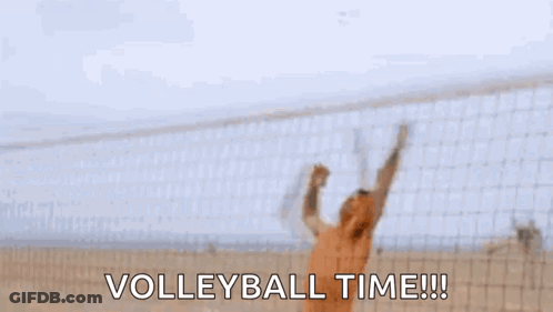 A Shirtless Man Is Standing On A Beach Holding A Volleyball And Saying `` Volleyball Time '' . GIF