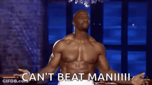 A Shirtless Man Is Standing With His Arms Outstretched And Says `` Can 'T Beat Man ! '' GIF