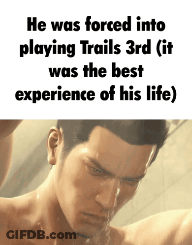 A Shirtless Man Is Taking A Shower With The Words He Was Forced Into Playing Trails 3Rd ( It Was The Best Experience Of GIF