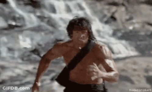A Shirtless Man Running In Front Of A Waterfall With Haydiroket Written On The Bottom GIF