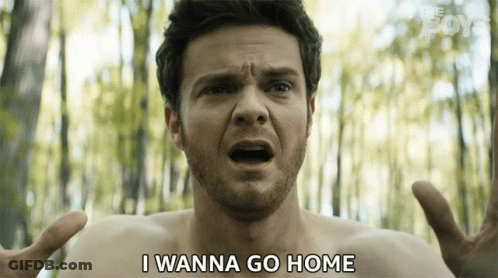 A Shirtless Man Says " I Wanna Go Home " In Front Of Trees GIF