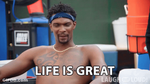 A Shirtless Man Says Life Is Great In A Laugh Out Loud Advertisement GIF