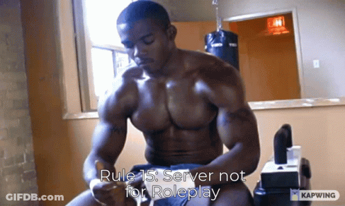 A Shirtless Man Sits On A Bench With Rule 15 Server Not For Roleplay Written On The Bottom GIF