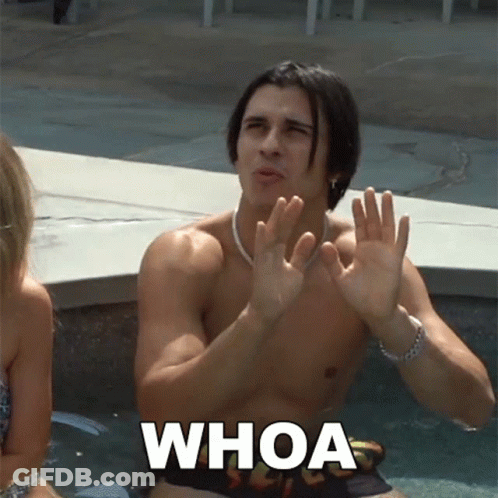 A Shirtless Man Sitting In A Pool With The Word Whoa Written On The Bottom GIF