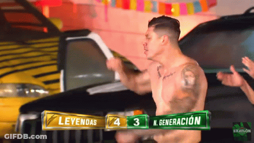 A Shirtless Man Stands In Front Of A Sign That Says N. Generacion On It GIF