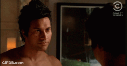 A Shirtless Man Talking To Another Shirtless Man With A Comedy Central Logo In The Corner GIF
