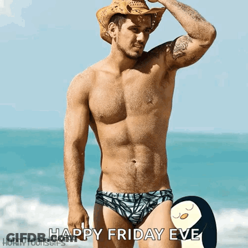 A Shirtless Man Wearing A Cowboy Hat And Swim Trunks On The Beach GIF