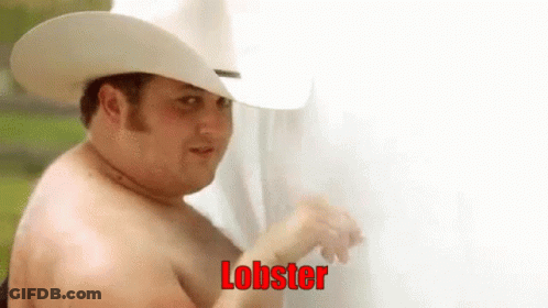 A Shirtless Man Wearing A Cowboy Hat Is Standing Next To A White Curtain And Says Lobster . GIF